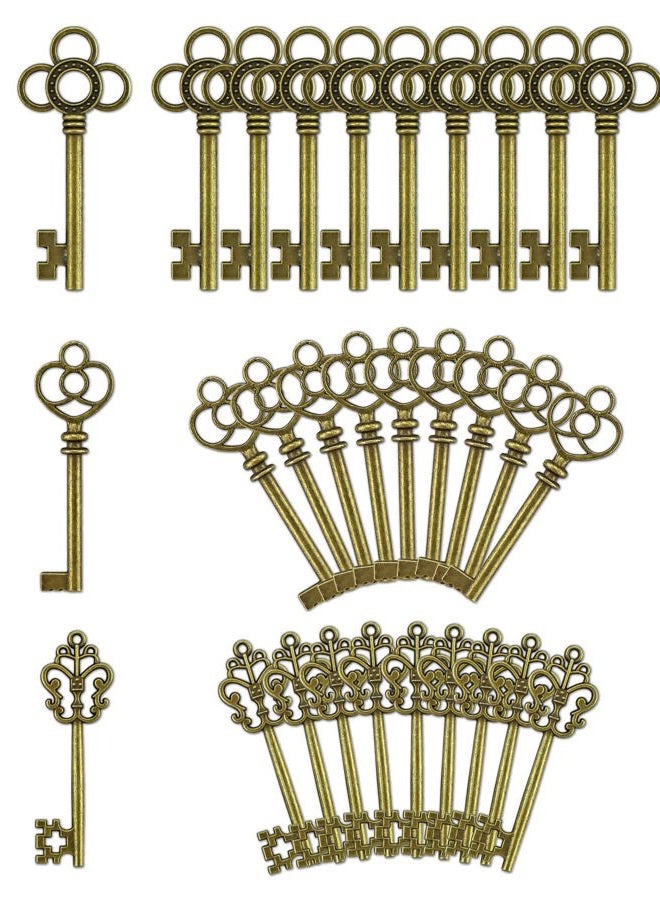 JIALEEY 3 Type of 30 PCS Vintage Large Skeleton Key Set Charms, Mixed Antique Style Bronze Brass Key Set Charms for Pendant DIY Jewelry Making Wedding Party Favors - Image 1