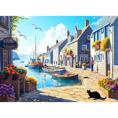 WSCXSC 500 Piece Puzzle for Adults Charming Coastal Village 500 Pieces Jigsaw Puzzles Seaside Harbor with Cat Puzzle Perfect for Family Game Night Ideal Gift for Adults Seniors 205 x 15 in - Image 1