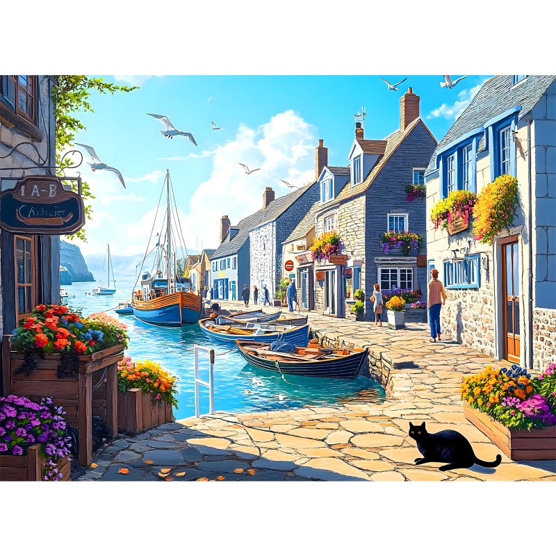 WSCXSC 500 Piece Puzzle for Adults Charming Coastal Village 500 Pieces Jigsaw Puzzles Seaside Harbor with Cat Puzzle Perfect for Family Game Night Ideal Gift for Adults Seniors 205 x 15 in - Image 3