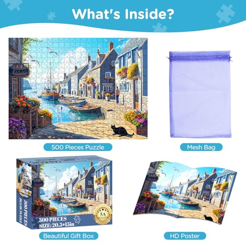 WSCXSC 500 Piece Puzzle for Adults Charming Coastal Village 500 Pieces Jigsaw Puzzles Seaside Harbor with Cat Puzzle Perfect for Family Game Night Ideal Gift for Adults Seniors 205 x 15 in - Image 5