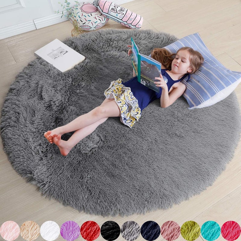 Amdrebio Gray Round Rug for Bedroom,Fluffy Circle Rug 5'X5' for Kids Room,Furry Carpet for Teen's Room,Shaggy Circular Rug for Nursery Room,Fuzzy Plush Rug for Dorm,Grey Carpet,Cute Room Decor for Baby - Image 1
