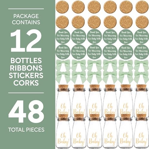 Ethisa Vintage 12 Pack Oh Baby Woodland Milk Glass Bottles with Ribbons and Stickers - Classy Baby Shower Favors for Guests and Table Centerpieces - Gender Neutral Eucalyptus Decoration - Safari Theme - Image 5