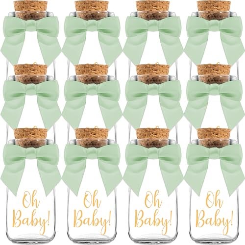 Ethisa Vintage 12 Pack Oh Baby Woodland Milk Glass Bottles with Ribbons and Stickers - Classy Baby Shower Favors for Guests and Table Centerpieces - Gender Neutral Eucalyptus Decoration - Safari Theme - Image 1