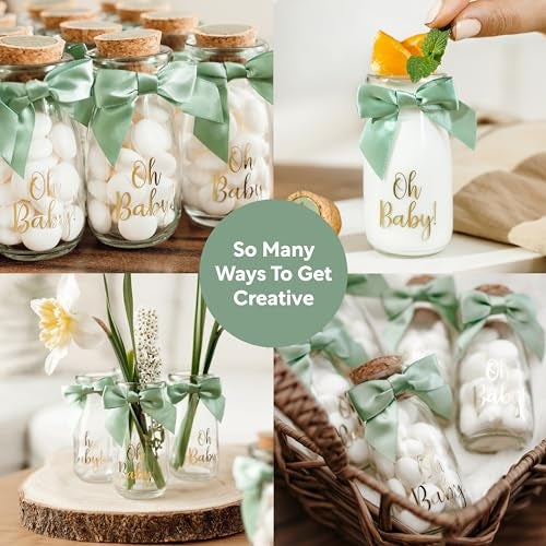 Ethisa Vintage 12 Pack Oh Baby Woodland Milk Glass Bottles with Ribbons and Stickers - Classy Baby Shower Favors for Guests and Table Centerpieces - Gender Neutral Eucalyptus Decoration - Safari Theme - Image 4