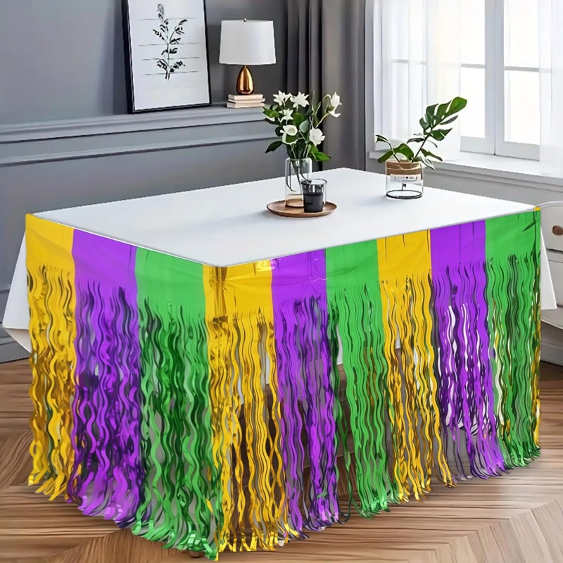 Metallic Mardi Gras Table Skirt 75 X 275 Cm Violet Green Gold Foil - Image 5
