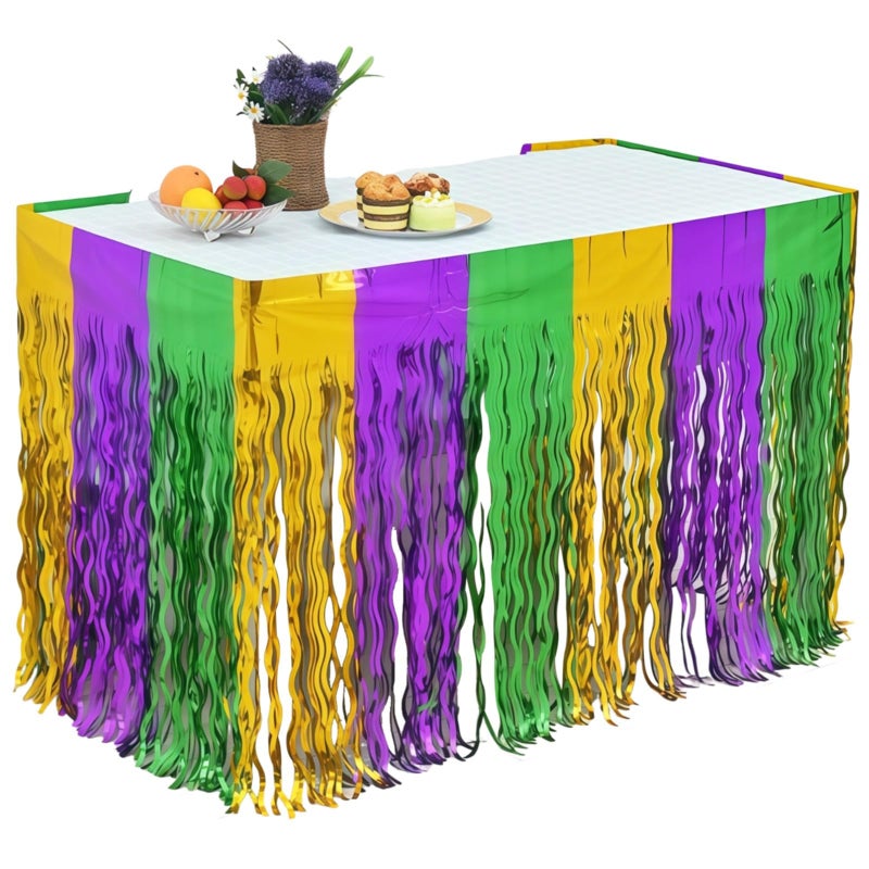 Metallic Mardi Gras Table Skirt 75 X 275 Cm Violet Green Gold Foil - Image 2
