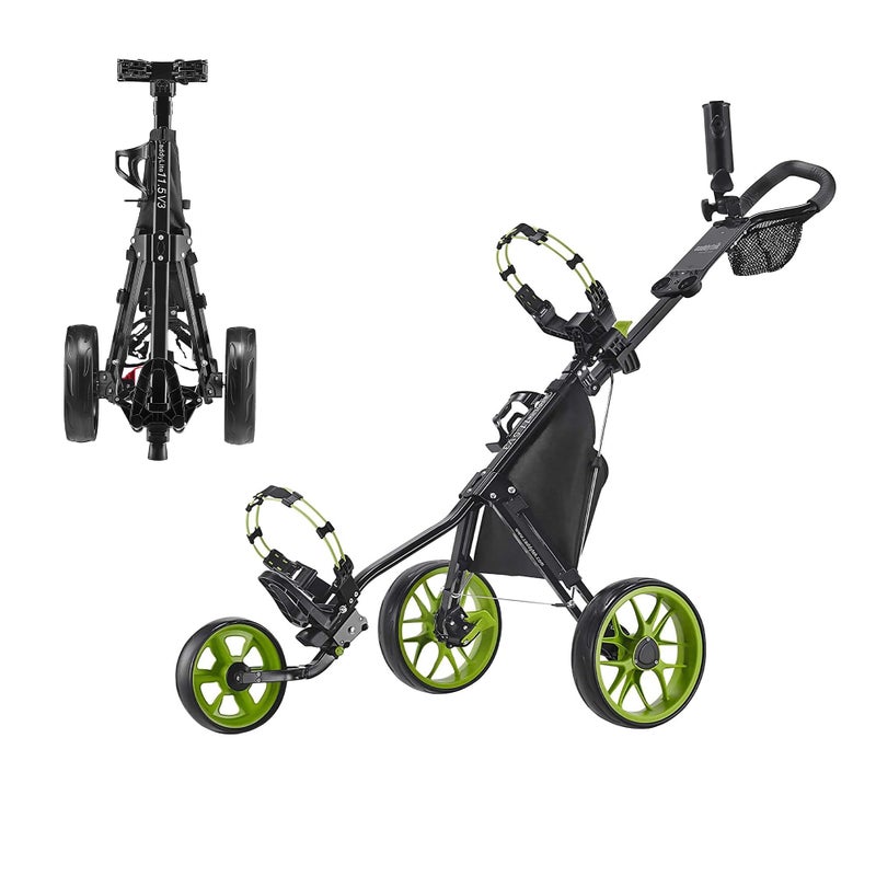 CaddyTek CaddyLite 115 V3 Golf Push Cart Lightweight Aluminum 3Wheel Foldable Golf Bag Cart with QuadFold Frame EVA Wheels Adjustable Handle Foot Brake Mesh Net Umbrella Drink Holder