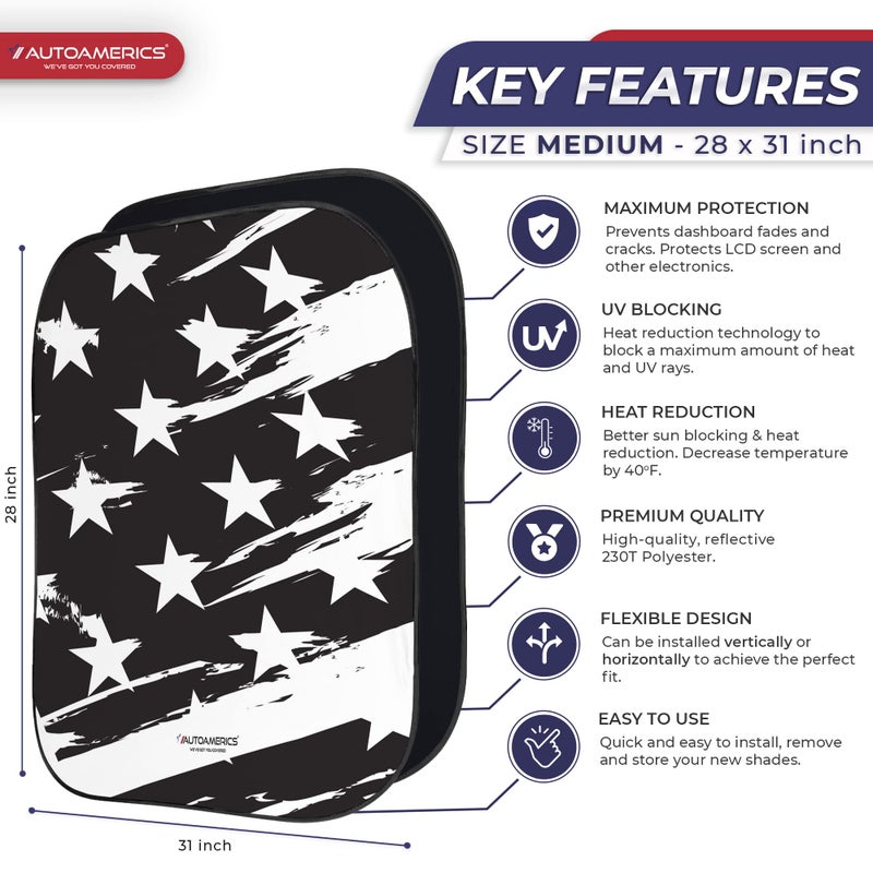 Autoamerics 2-Piece Windshield Sun Shade - B&W USA Flag Foldable Car Front Window Sunshade for Most Cars SUV Truck Heat Blocker Visor Protector Blocks Max UV Rays and Keeps Your Vehicle Cool - Medium - Image 2