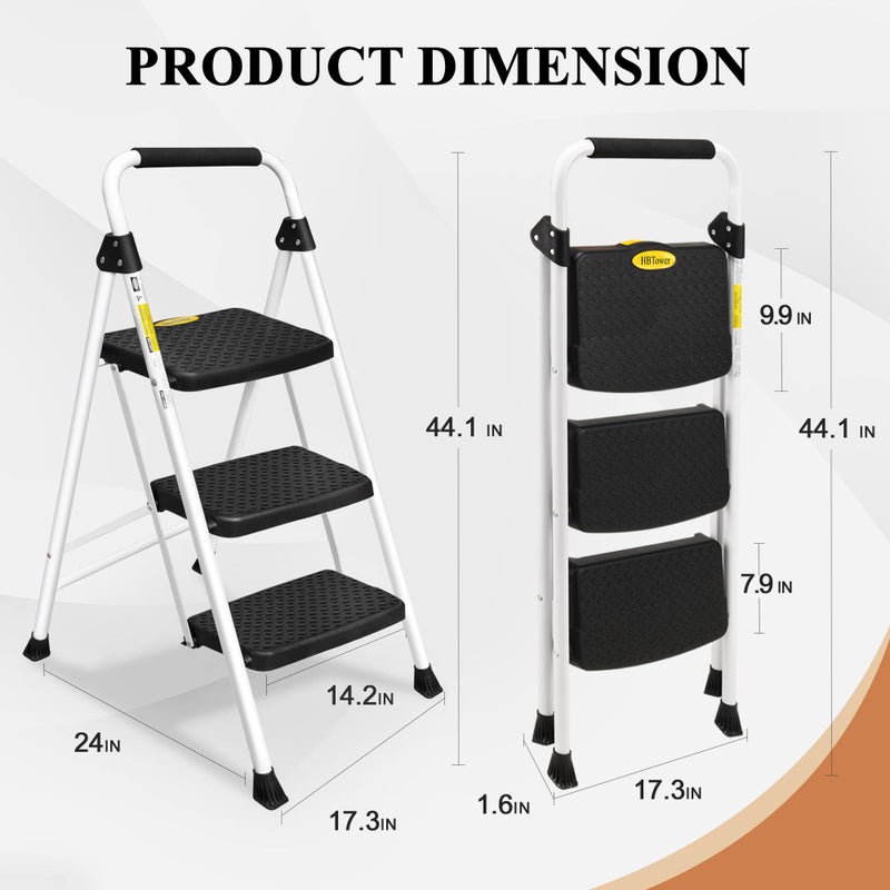 HBTower Step Ladder, Folding Step Stool with Wide Anti-Slip Pedal, Sturdy Steel Ladder, Convenient Handrail, Lightweight, Portable Steel Step Stool - Image 5