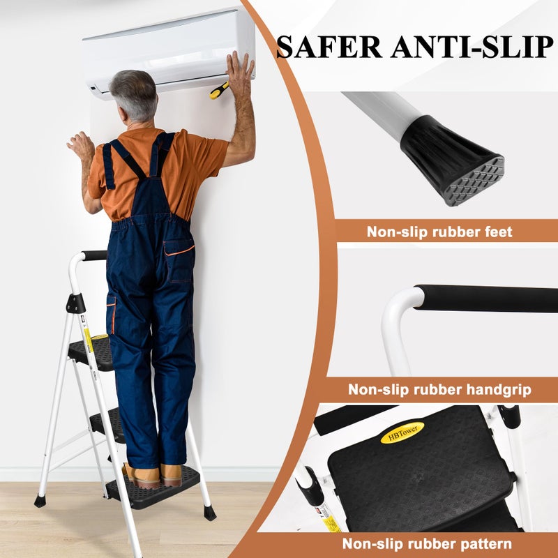 HBTower Step Ladder, Folding Step Stool with Wide Anti-Slip Pedal, Sturdy Steel Ladder, Convenient Handrail, Lightweight, Portable Steel Step Stool - Image 4