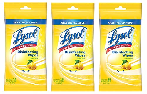 Lysol Disinfecting Wipes To-Go Pack, Lemon Scent, 15 Count (Pack of 3) - Image 1