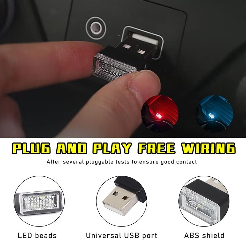 Augeny 4 PCS USB LED Car Interior Atmosphere Lamp, Plug-in USB Decor Night Light, Portable Auto Ambient Lighting Kit, Universal Vehicle Interior Accessories for Most Cars (2 Red+2 Ice Blue) - Image 3