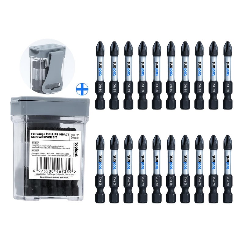 toolant 2 Inch Phillips Bit2 Magnetic Anti Slip Impact Screwdriver Bits Set20pcs Insert S2 Steel PH2 Driver Dit Set with CNC Machined Tips for Power Drill