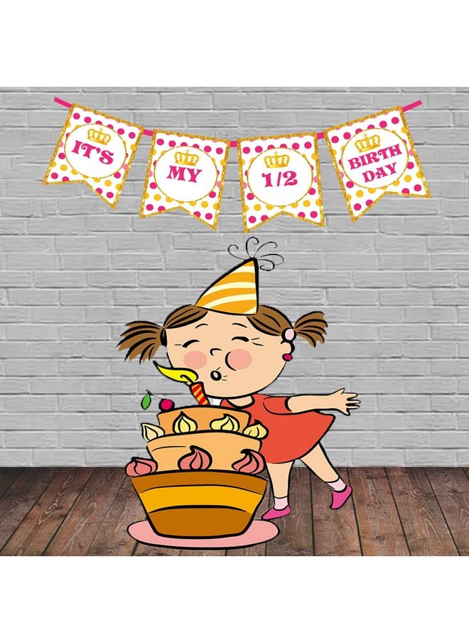 Funcart Funcart Golden Border Crown Printed Pink Polka dot Half Birthday Banner for Half Birthday Decoration/Half Birthday Decoration/6 Month/Half Way to One  - Image 1