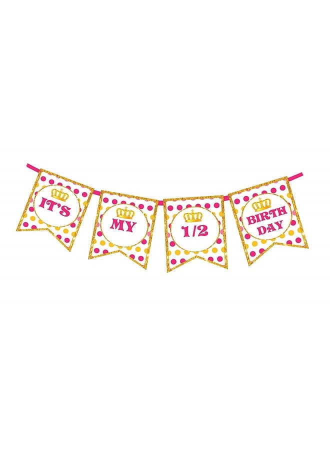Funcart Funcart Golden Border Crown Printed Pink Polka dot Half Birthday Banner for Half Birthday Decoration/Half Birthday Decoration/6 Month/Half Way to One  - Image 2