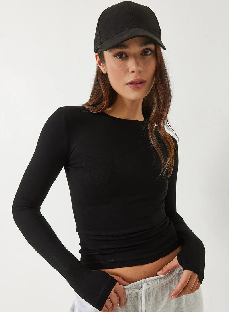 Crew Neck Long Sleeve Viscose Bodysuit T-Shirt with Thumb Holes - Image 1