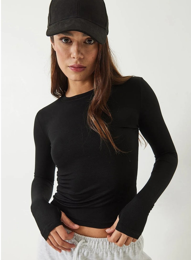 Crew Neck Long Sleeve Viscose Bodysuit T-Shirt with Thumb Holes - Image 2