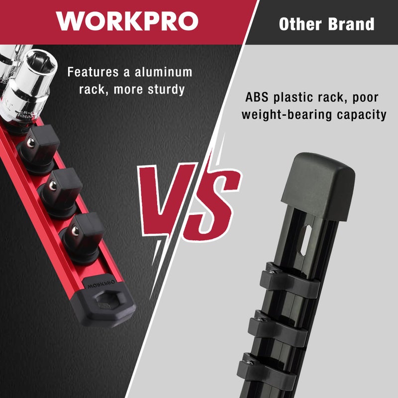 WORKPRO Magnetic Socket Organizer, 3/8-Inch Drive Aluminum Alloy Socket Rail, Heavy Duty Socket Holder, Socket Rack Kit 3/8-Inch x 10 Clips(Red) - Image 4