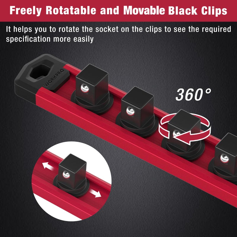 WORKPRO Magnetic Socket Organizer, 3/8-Inch Drive Aluminum Alloy Socket Rail, Heavy Duty Socket Holder, Socket Rack Kit 3/8-Inch x 10 Clips(Red) - Image 5