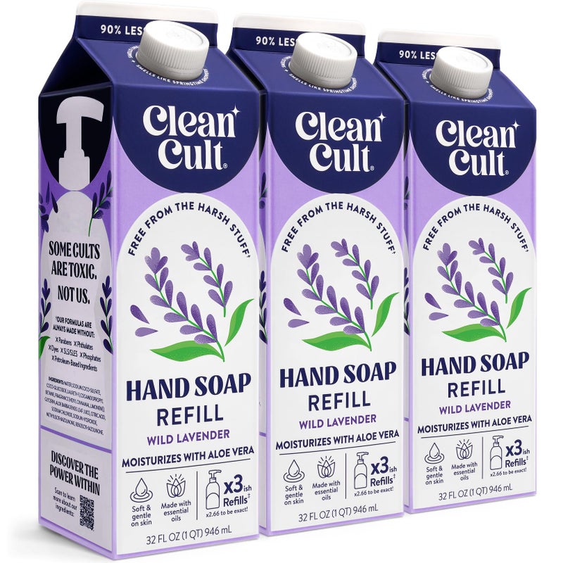 Cleancult Liquid Hand Soap Refills - Wild Lavender - Moisturizes Dry & Sensitive Skin -Made with Aloe Vera & Lavender Essential Oils - Eco Friendly - Paper-Based Packaging - 32 oz/3 Pack - Image 1