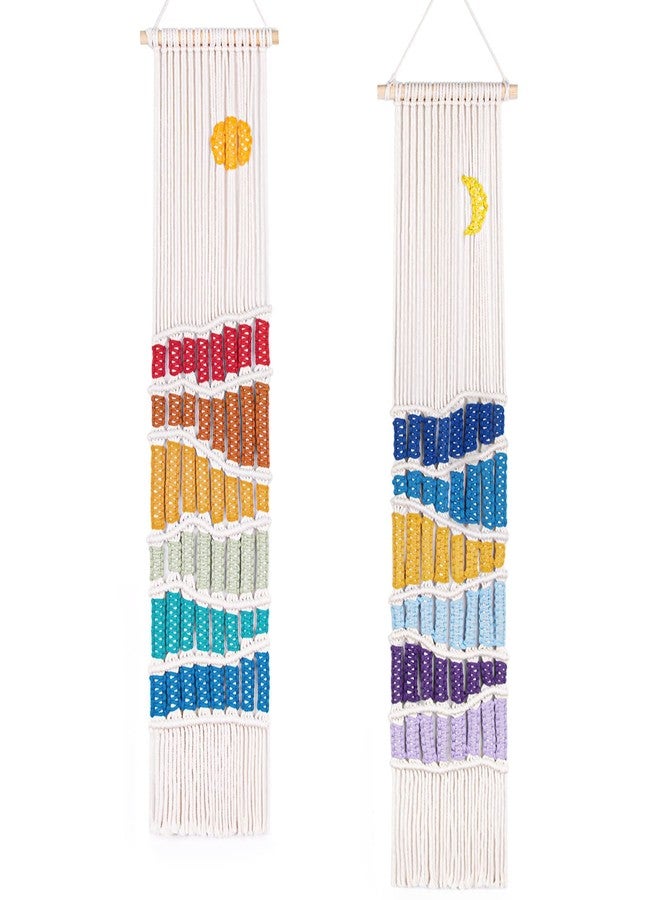 ANROYE Boho Macrame Wall Hanging Decor Set, 2PCS Southwest Bohemian Handmade Woven Sun&Moon Mountain Geography Tapestry with Long Tassel, Gypsy Rainbow Ornament for Nursery Decoration Girl Christmas Gift - Image 1