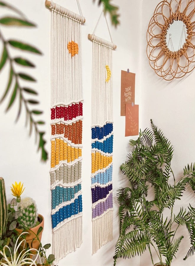 ANROYE Boho Macrame Wall Hanging Decor Set, 2PCS Southwest Bohemian Handmade Woven Sun&Moon Mountain Geography Tapestry with Long Tassel, Gypsy Rainbow Ornament for Nursery Decoration Girl Christmas Gift - Image 2