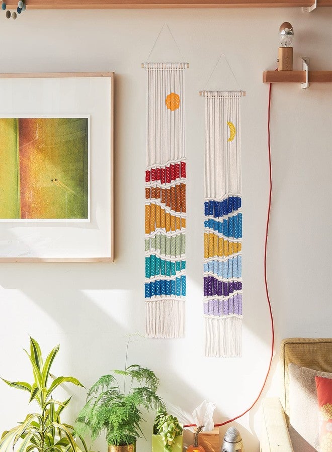 ANROYE Boho Macrame Wall Hanging Decor Set, 2PCS Southwest Bohemian Handmade Woven Sun&Moon Mountain Geography Tapestry with Long Tassel, Gypsy Rainbow Ornament for Nursery Decoration Girl Christmas Gift - Image 3