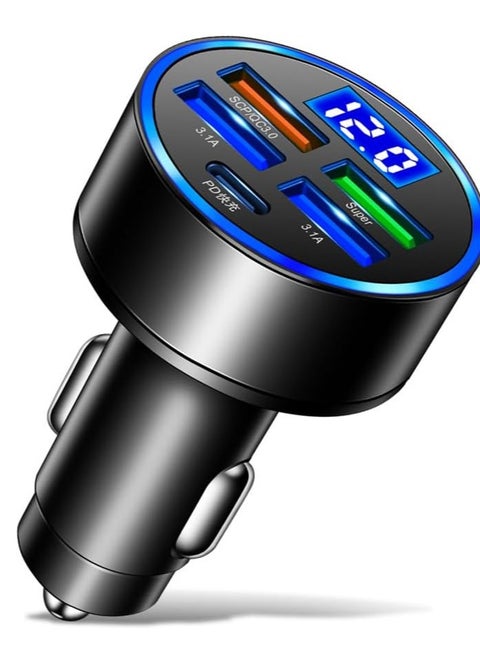 شاحن سيارة بخمسة منافذ بقدرة 66 وات مع 4 منافذ USB من النوع A (1 Super) و1 USB من النوع C، يتميز بتوصيل الطاقة (PD) والشحن السريع 3.0 (QC3.0)
