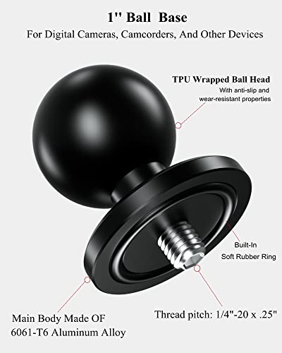 BRCOVAN Aluminum Alloy 1'' Ball Adapter with 1/4"-20 Threaded Stud for Action Camera & Camcorder Compatible with RAM Mounts B Size Double Socket Arm - Image 2