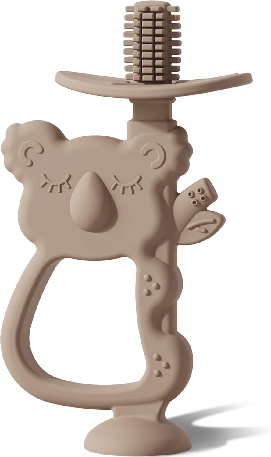 Moonkie Teething Toy, Safe & Easy to Hold BPA Free Silicone Teethers, 360° Baby Toothbrush with Suction Base, Teether Toys Best for Babies 6-12 Months (Koala Warm Taupe)