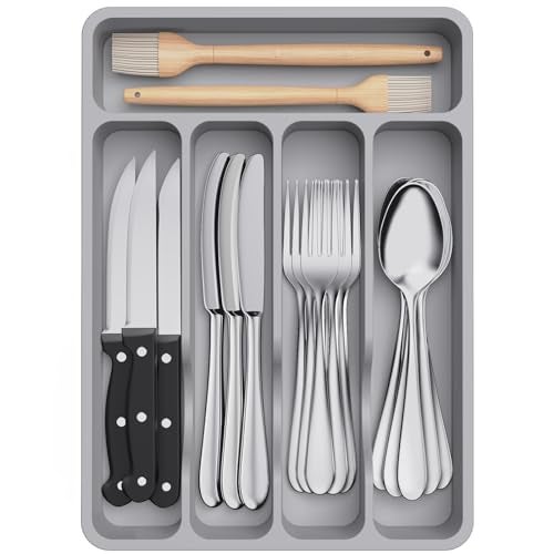 Lifewit Silverware Drawer Organizer Tray, Plastic Cutlery Storage for Kitchen Drawer, Flatware and Utensil Holder Divider for Spoons Forks Knives Tableware, 5 Compartment, Gray - Image 1