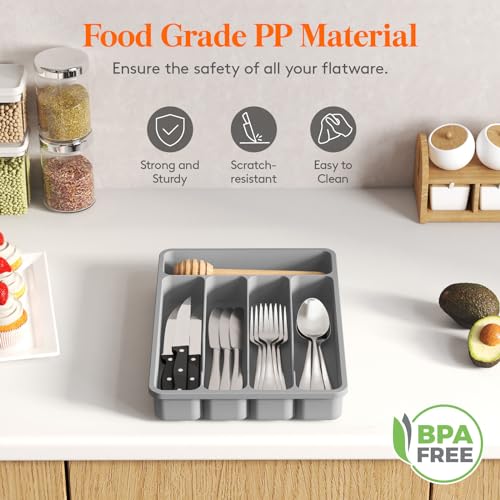 Lifewit Silverware Drawer Organizer Tray, Plastic Cutlery Storage for Kitchen Drawer, Flatware and Utensil Holder Divider for Spoons Forks Knives Tableware, 5 Compartment, Gray - Image 5