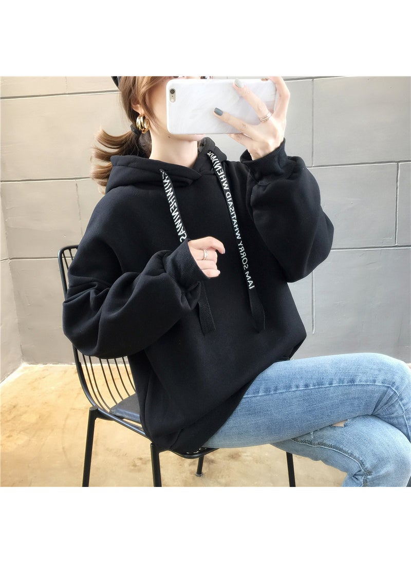 Generic - Loose Fleece Long Sleeve Hoodie Womens Lazy Style Top Korean Version Autumn Winter Comfortable Casual Print Sweatshirt Apricot - Image 1