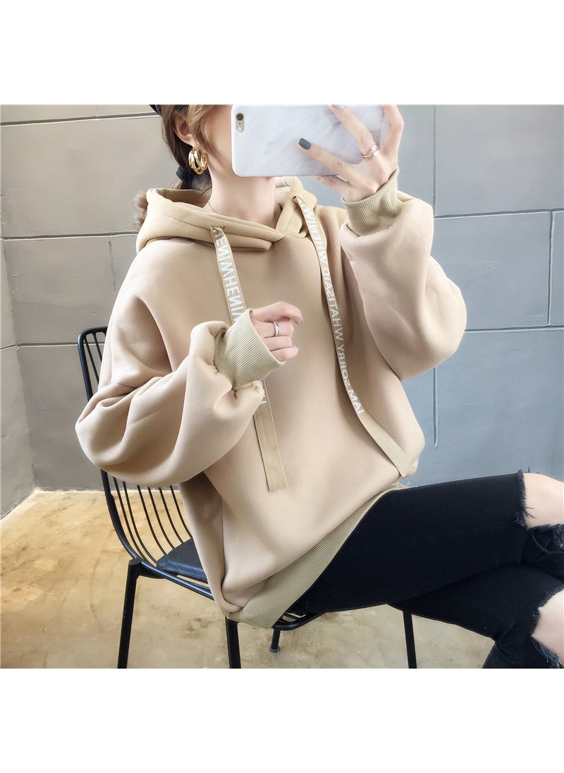 Generic - Loose Fleece Long Sleeve Hoodie Womens Lazy Style Top Korean Version Autumn Winter Comfortable Casual Print Sweatshirt Apricot - Image 1