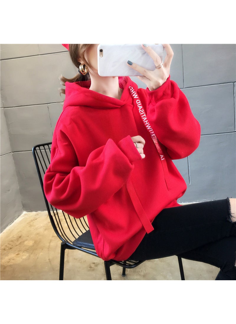 Generic - Loose Fleece Long Sleeve Hoodie Womens Lazy Style Top Korean Version Autumn Winter Comfortable Casual Print Sweatshirt Apricot - Image 1