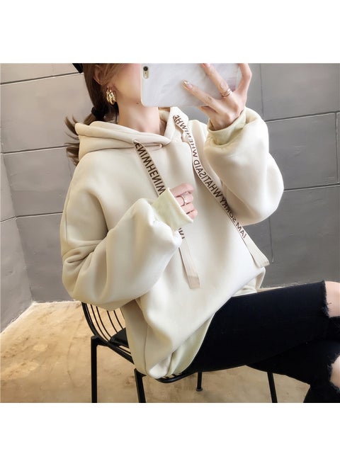 Loose Fleece Long Sleeve Hoodie Womens Lazy Style Top Korean Version Autumn Winter Comfortable Casual Print Sweatshirt Apricot
