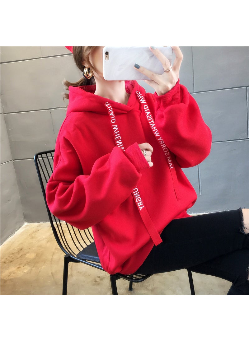 Generic - Loose Fleece Long Sleeve Hoodie Womens Lazy Style Top Korean Version Autumn Winter Comfortable Casual Print Sweatshirt Apricot - Image 1