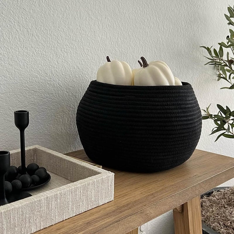 GLEAM GLEAM Cute Round Basket - Cotton Rope Jute Baskets in Living Room Woven Towel Basket Bedroom Storage Bakset for Children Corner Plant Basket Indoor 9 x 9 inch (Black)  - Image 4