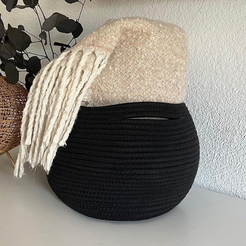GLEAM GLEAM Cute Round Basket - Cotton Rope Jute Baskets in Living Room Woven Towel Basket Bedroom Storage Bakset for Children Corner Plant Basket Indoor 9 x 9 inch (Black)  - Image 2
