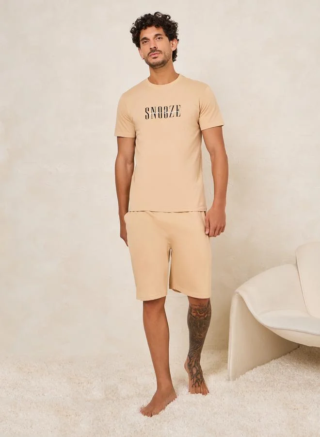 Styli Slogan Print Cotton T-Shirt & Shorts Set