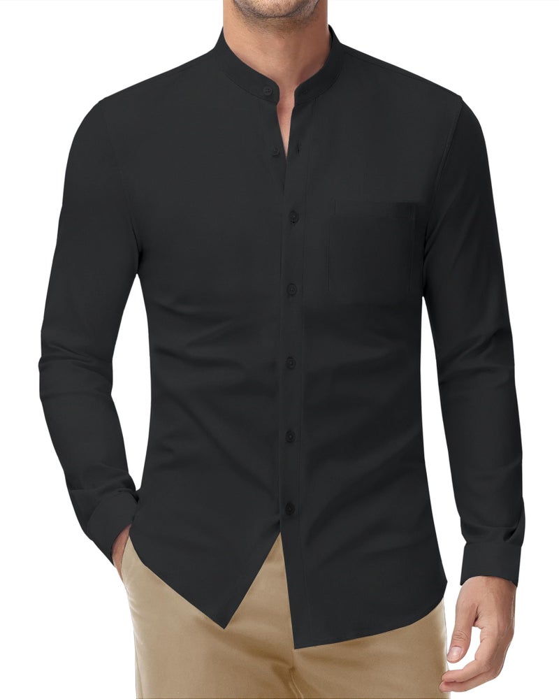 DEMEANOR Men's Collarless Dress Shirt Mandarin Collar Long Sleeve Button Down Shirts Stretch Tops with Pocket Black L - Image 1