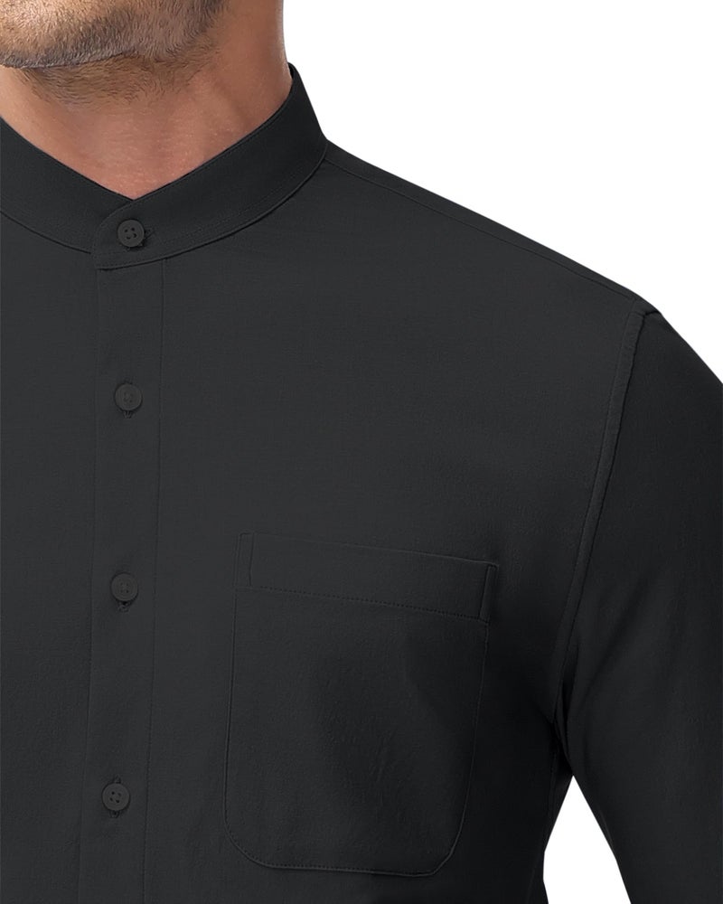 DEMEANOR Men's Collarless Dress Shirt Mandarin Collar Long Sleeve Button Down Shirts Stretch Tops with Pocket Black L - Image 5