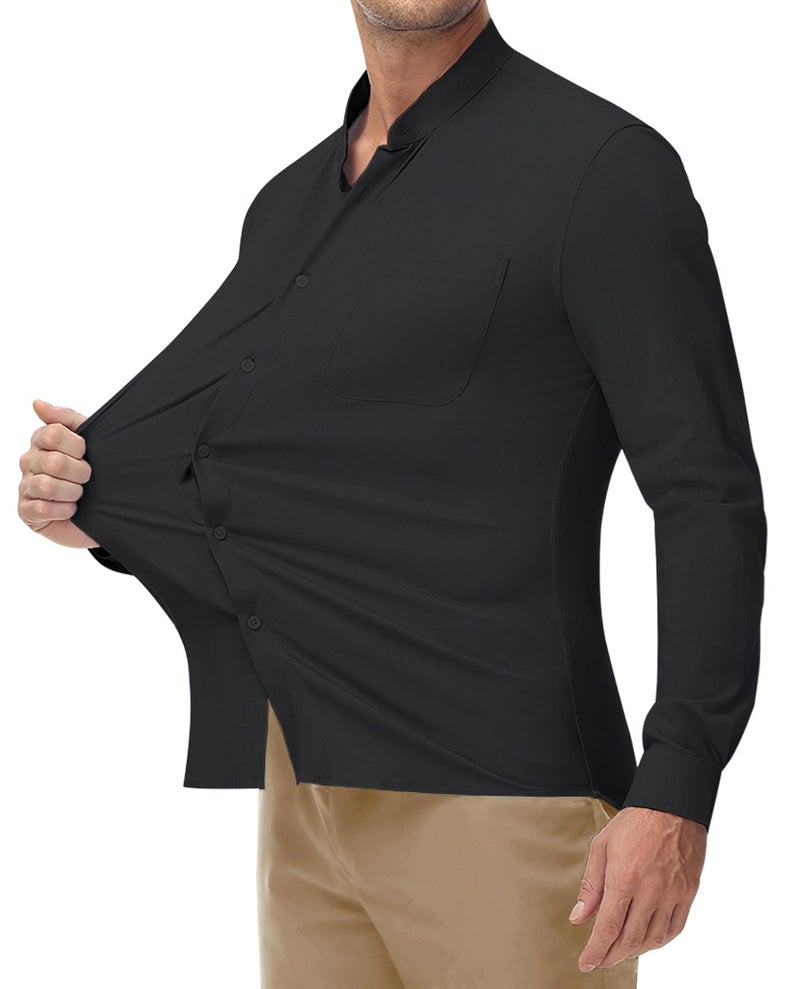 DEMEANOR Men's Collarless Dress Shirt Mandarin Collar Long Sleeve Button Down Shirts Stretch Tops with Pocket Black L - Image 2