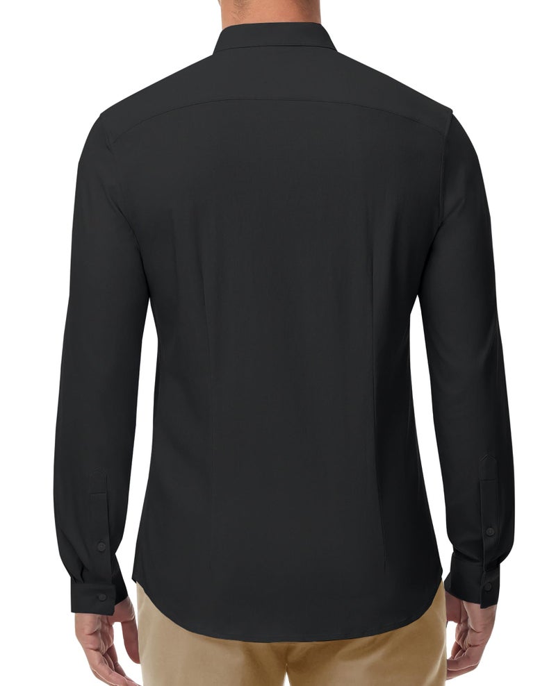 DEMEANOR Men's Collarless Dress Shirt Mandarin Collar Long Sleeve Button Down Shirts Stretch Tops with Pocket Black L - Image 4