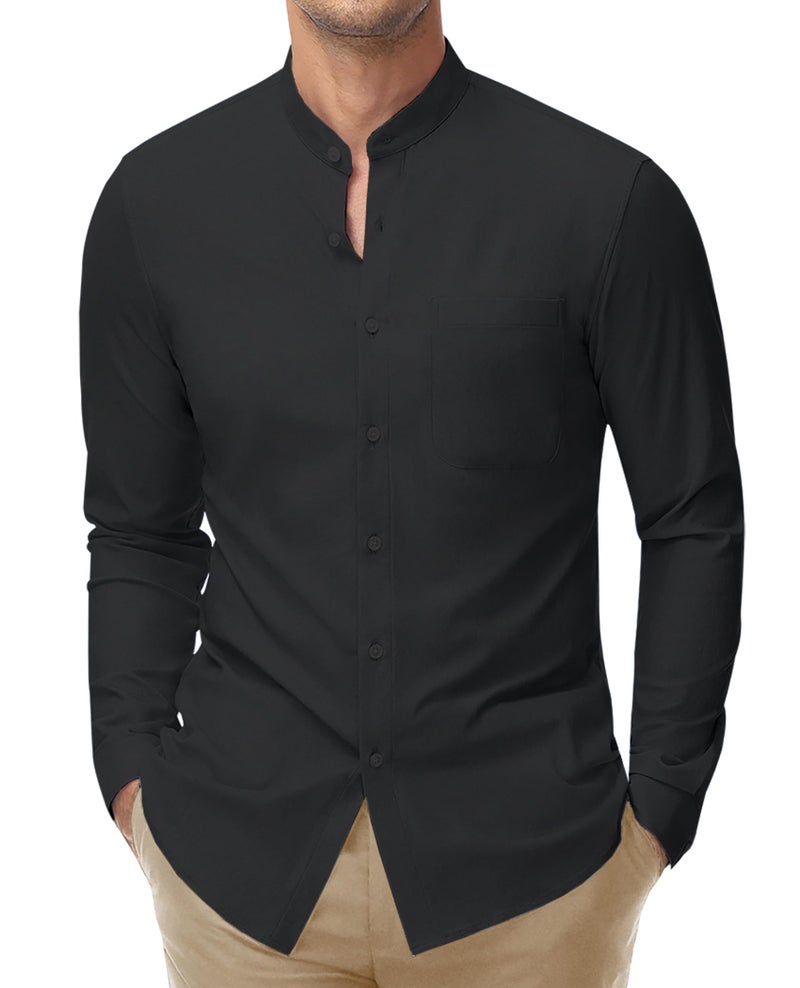 DEMEANOR Men's Collarless Dress Shirt Mandarin Collar Long Sleeve Button Down Shirts Stretch Tops with Pocket Black L - Image 3