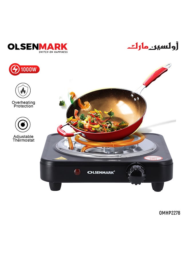 Single Burner Electric Hot Plate with Variable Heat Settings, Overheat Protection, Thermostat Control and Indicator Light 1000 W OMHP2278 Black/Silver