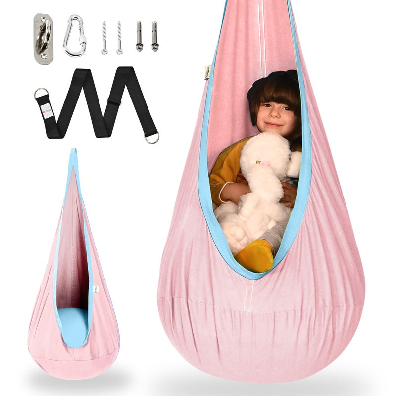 OUTREE Kids Pod Swing Seat Cotton Child Hammock Swing Chair Sensory Swing for Indoor and Outdoor Use Macaron Pink