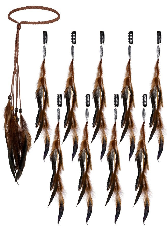 Bencailor 10 Pcs Feather Hair Extensions Clip in Hair Feather for Women Boho Cosplay Costume Hippie Pirate Headband Summer Party Headdress Accessories Tribal Indian Halloween Gifts (Brown) - Image 1