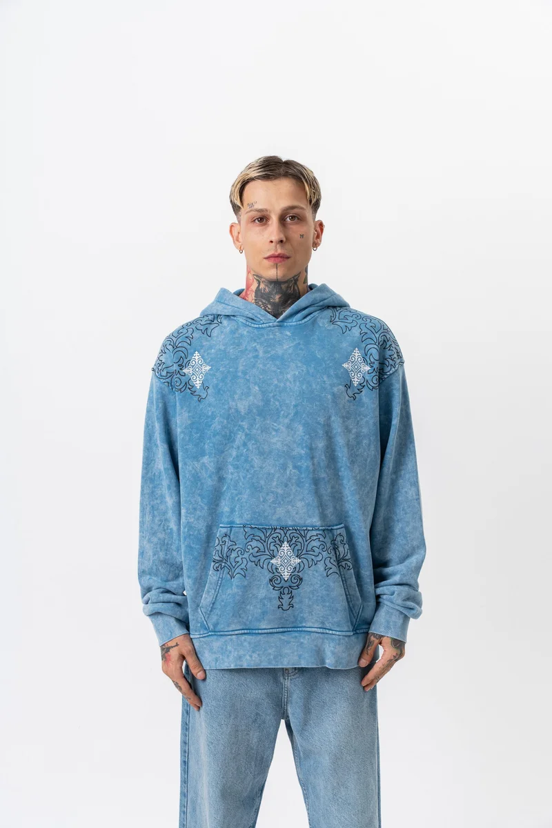 ريسباير هودي رجالي واسع بطبعة وغسيل أزرق