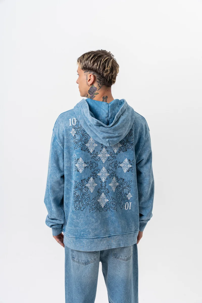 ريسباير هودي رجالي واسع بطبعة وغسيل أزرق